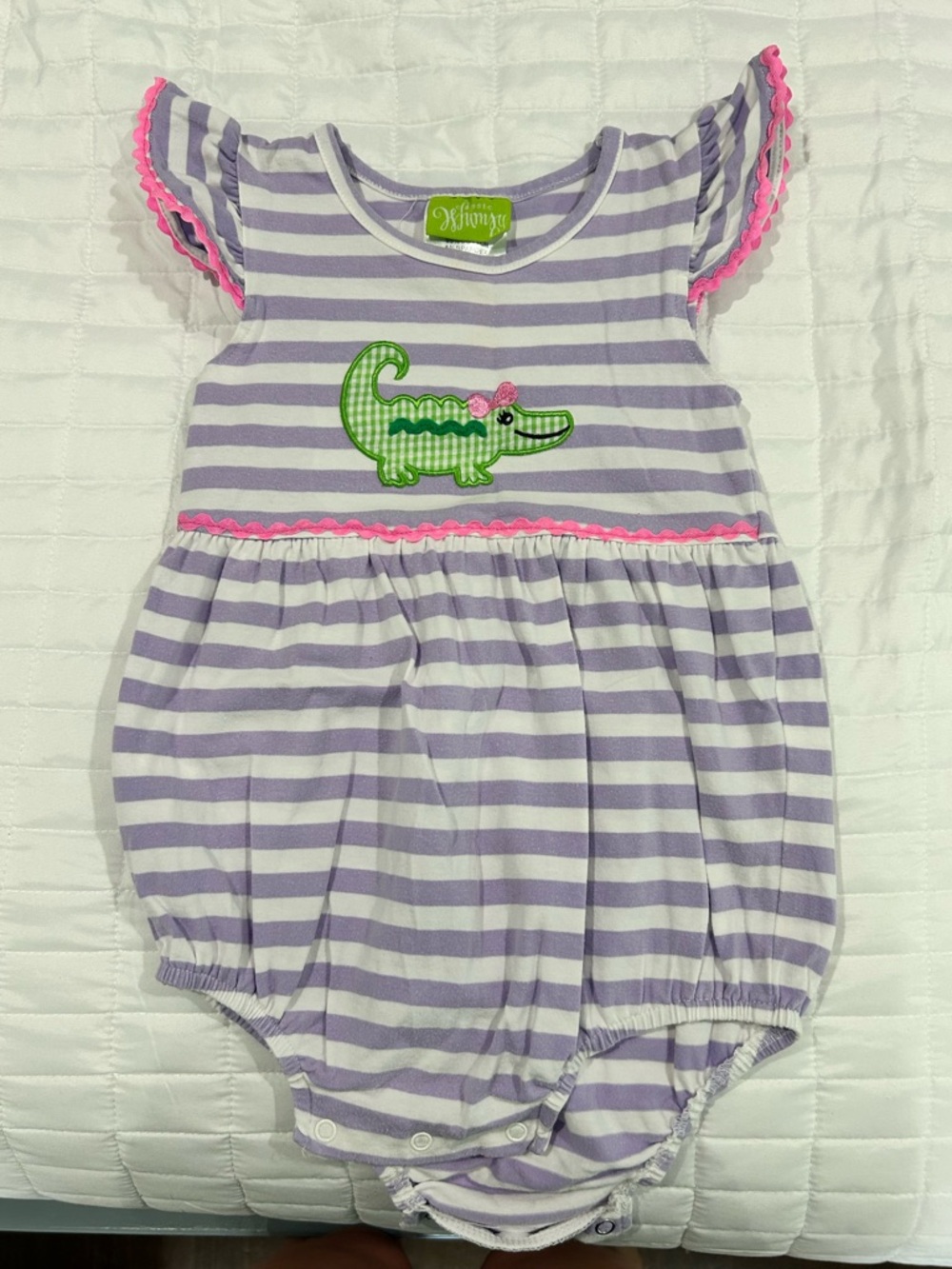 Nursery-to-Toddler Striped Crocodile Appliqué One-Piece Bodysuit - Lavender/Pink